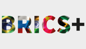 The word BRICS with Initials of Brazil, Russia, India, China, South Africa with their respective Flags